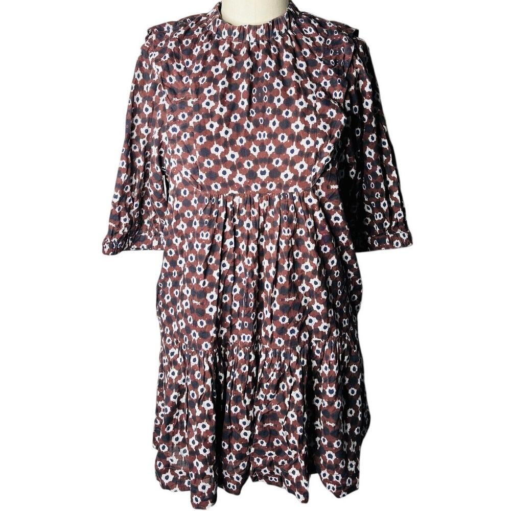 Sea New York Printed Cotton Tiered Mini Dress Size 2 Rust Blue Ruffle Pocket